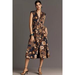 New Anthropologie The Tommie Cap-Sleeve Smocked Front-Zip Midi Shirt Dress S